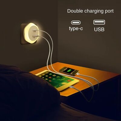 Support Dimming Mini Plug-in LED Night Light Lamp with USB and Type-C Charging Socket