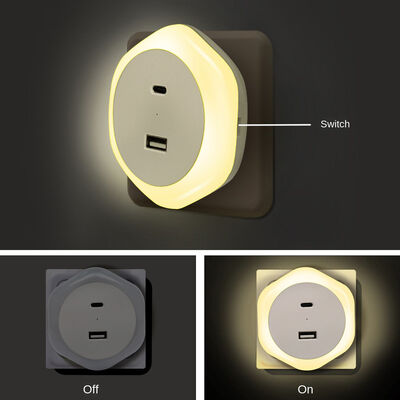 Support Dimming Mini Plug-in LED Night Light Lamp with USB and Type-C Charging Socket
